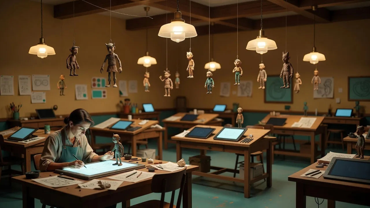 Wide establishing shot of an animation studio with drawing tablets