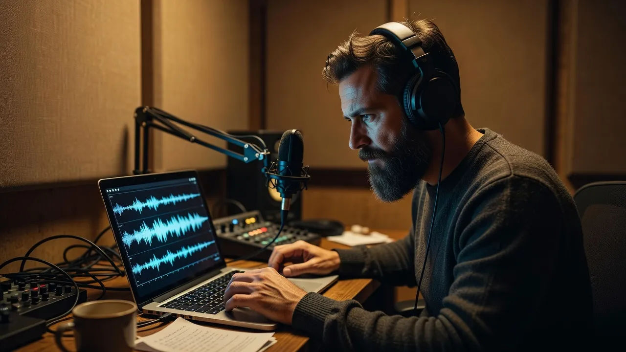 A bearded Czech creator directing a dub take on a laptop in a snug booth