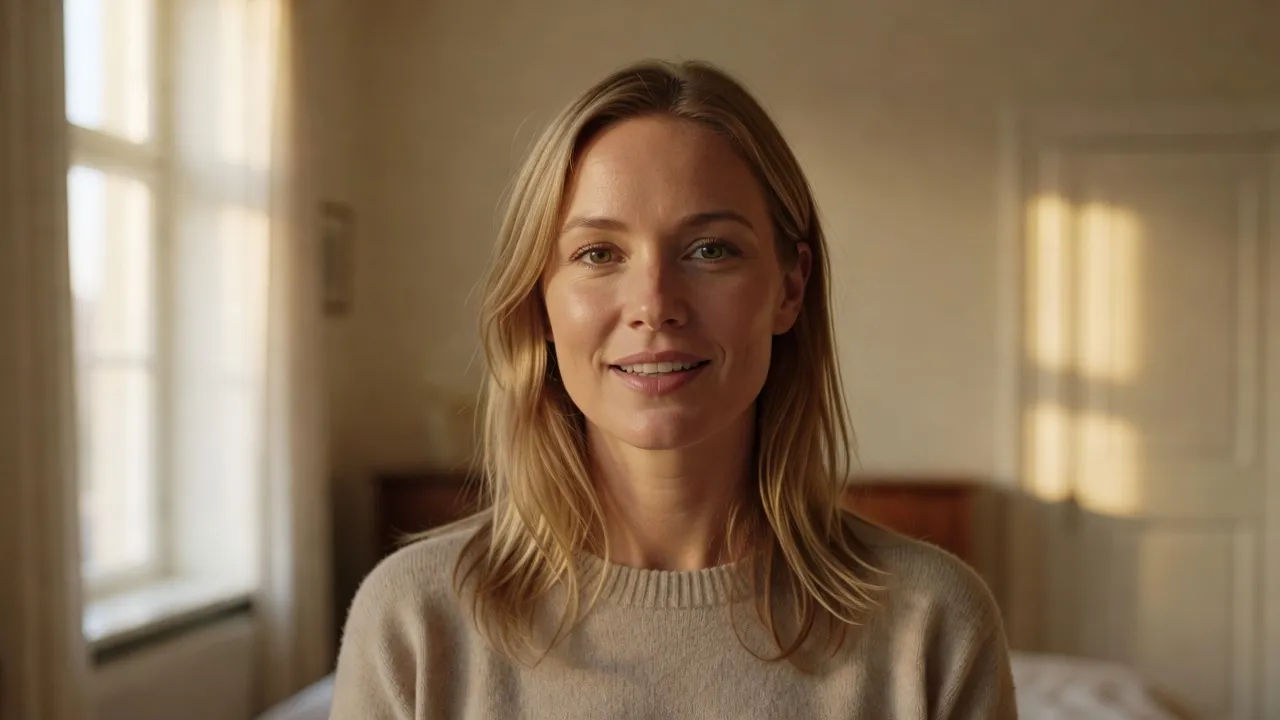 Close portrait of a Danish woman in her mid-thirties with sandy hair speaking a line to camera