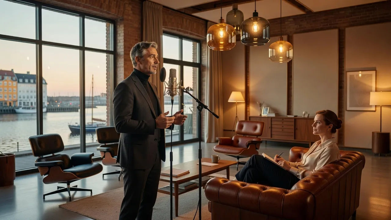 Wide shot of a stylish Copenhagen commercial studio with mid-century furniture and pendant lamps