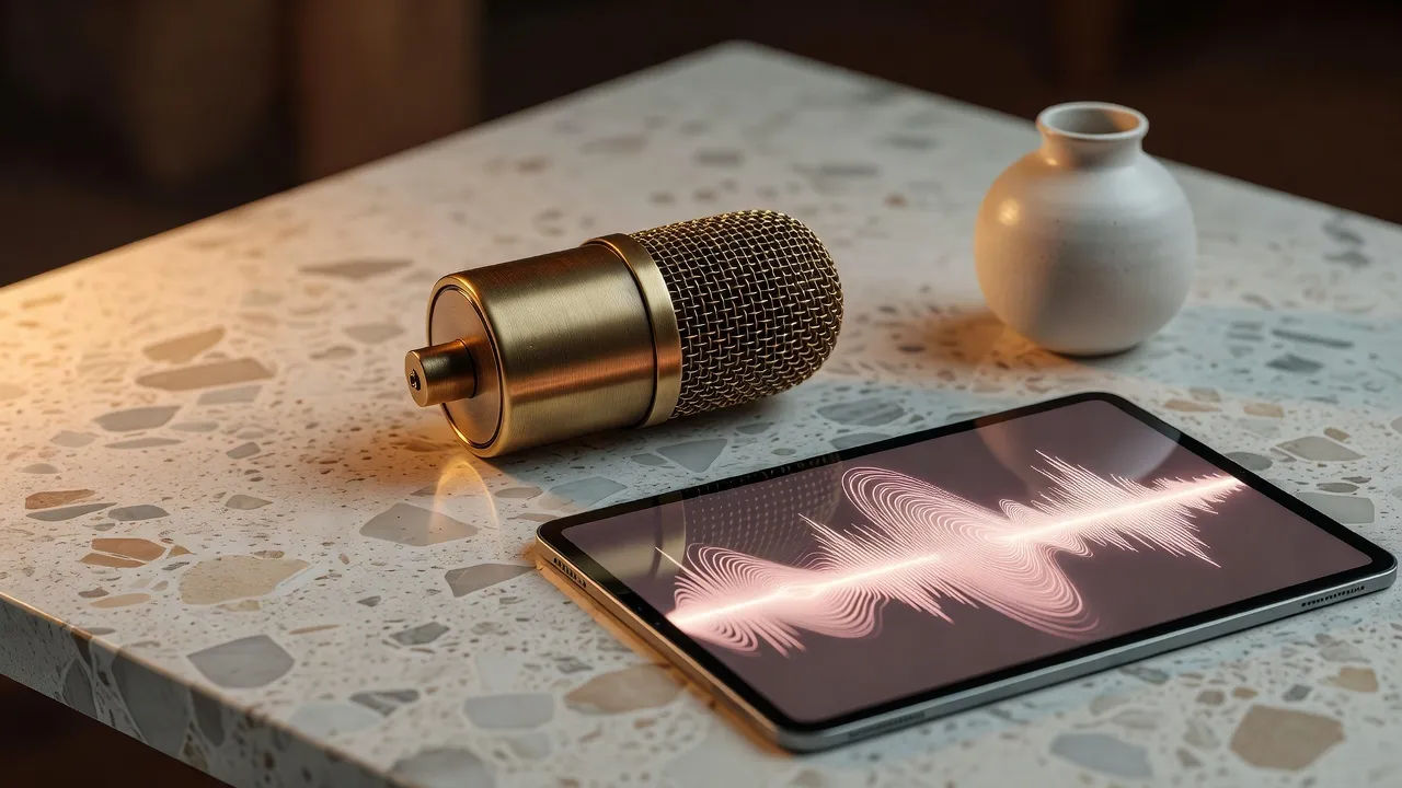Tabletop beat of a vintage-style condenser microphone beside a tablet showing an abstract soft-pink audio