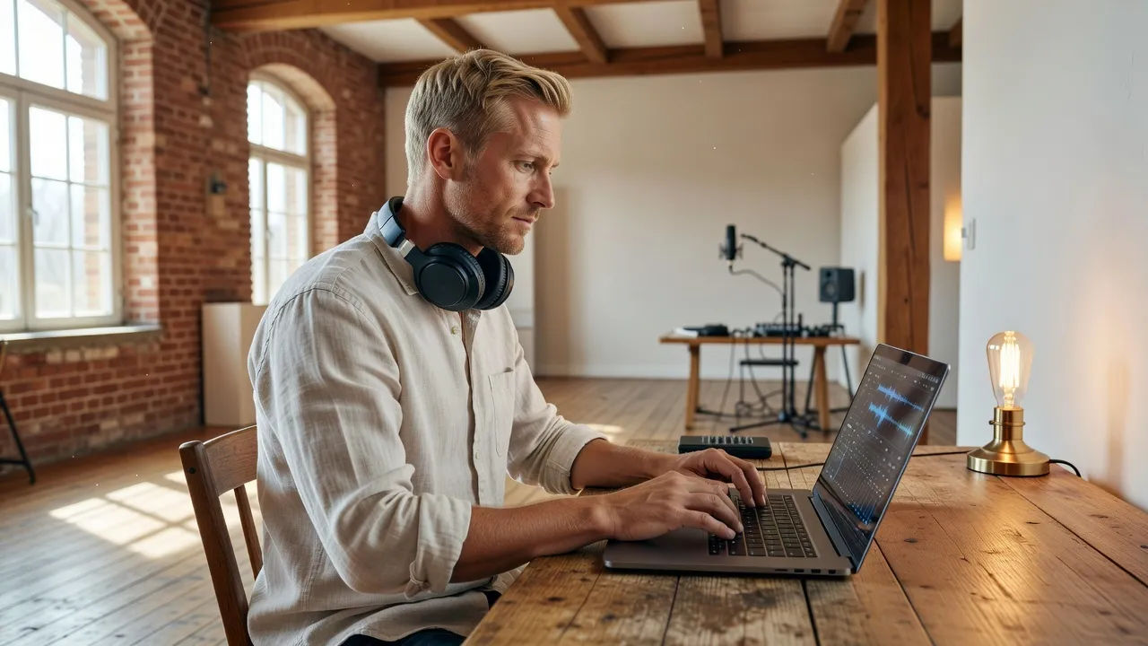 A Danish man in a simple linen shirt directing an audio edit on a laptop in a bright loft studio
