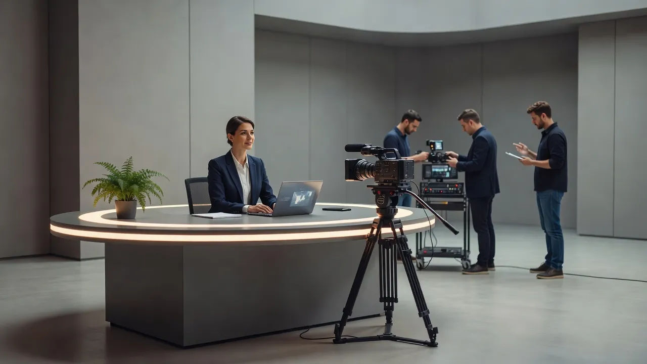 Wider modern content studio where a small crew films a seated host on a clean set