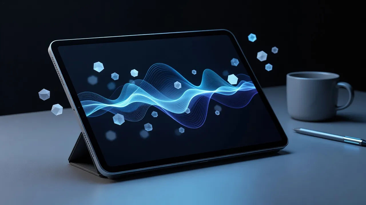 Macro tabletop beat of a sleek tablet propped on a stand showing an abstract glowing waveform and floating