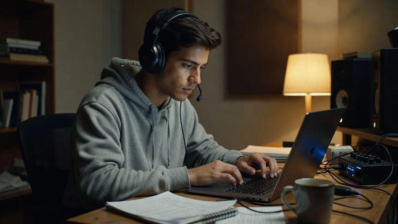 A focused young creator in a headset at a home studio