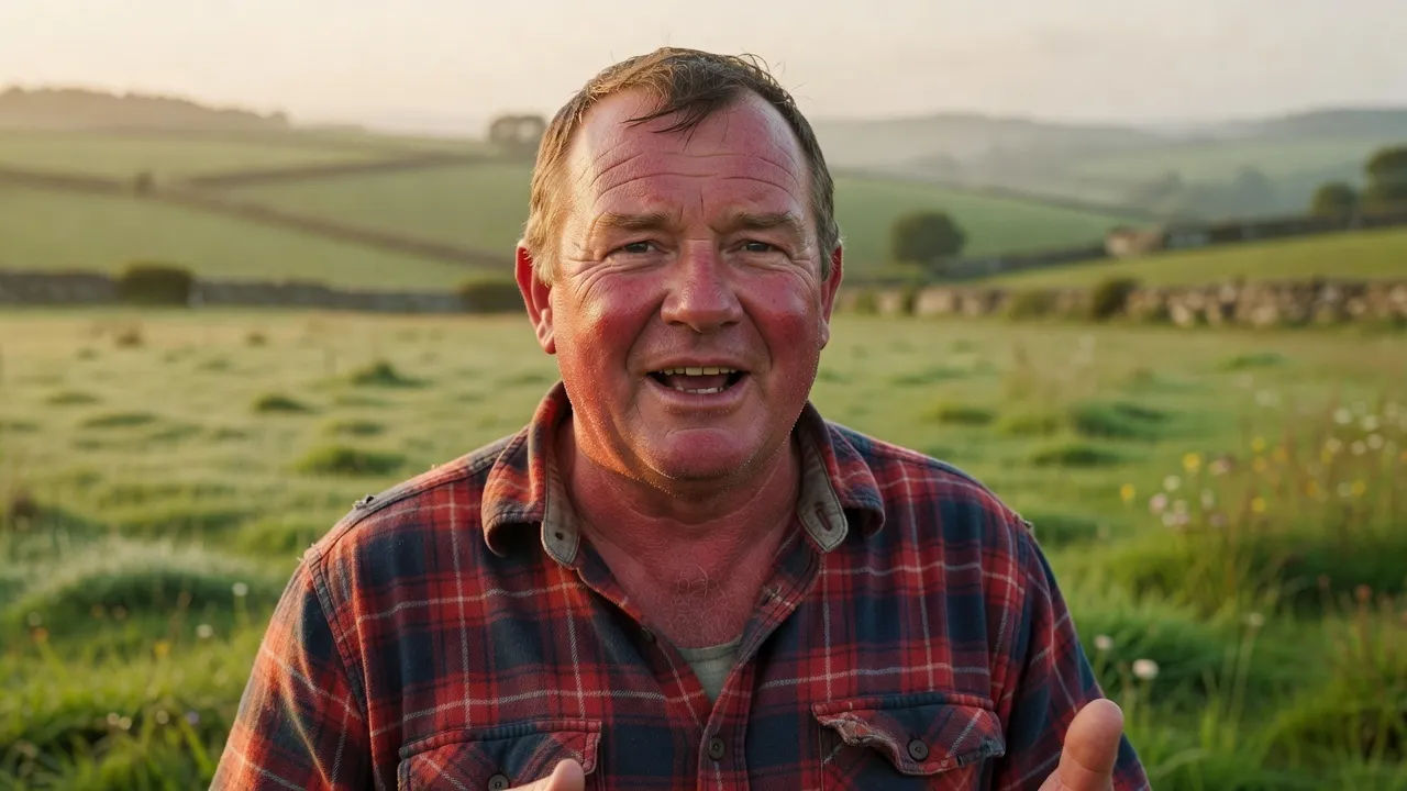 Warm close portrait of a ruddy-cheeked Devon farmer in his fifties