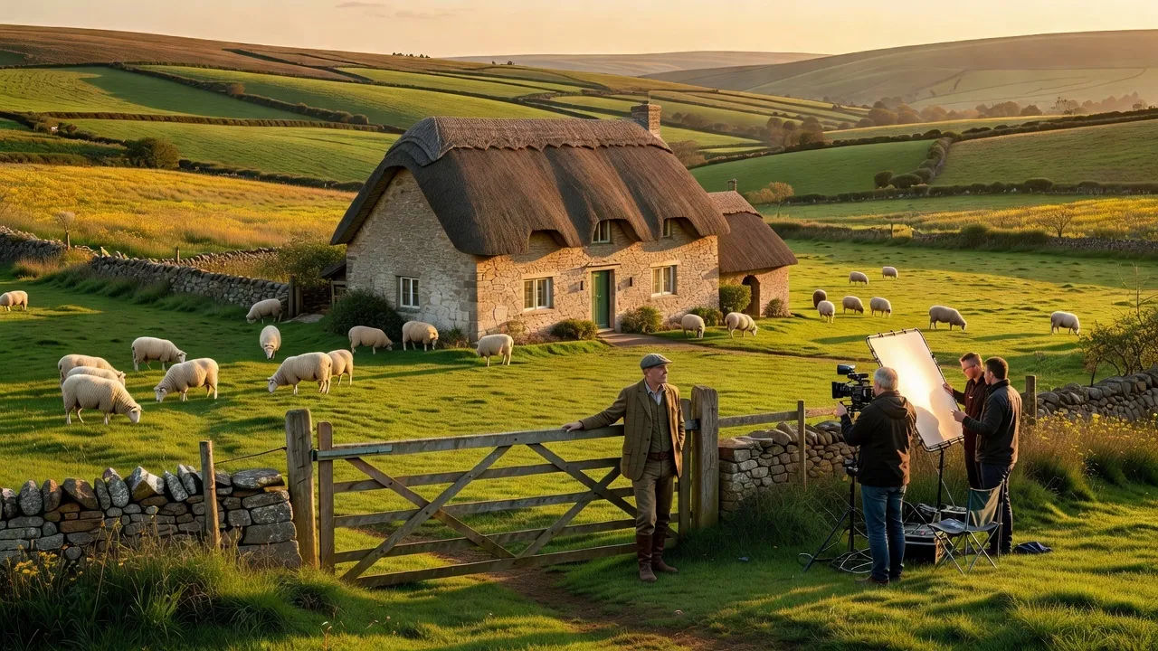 Wide rural drama establishing shot of a thatched Devon farmhouse at golden hour