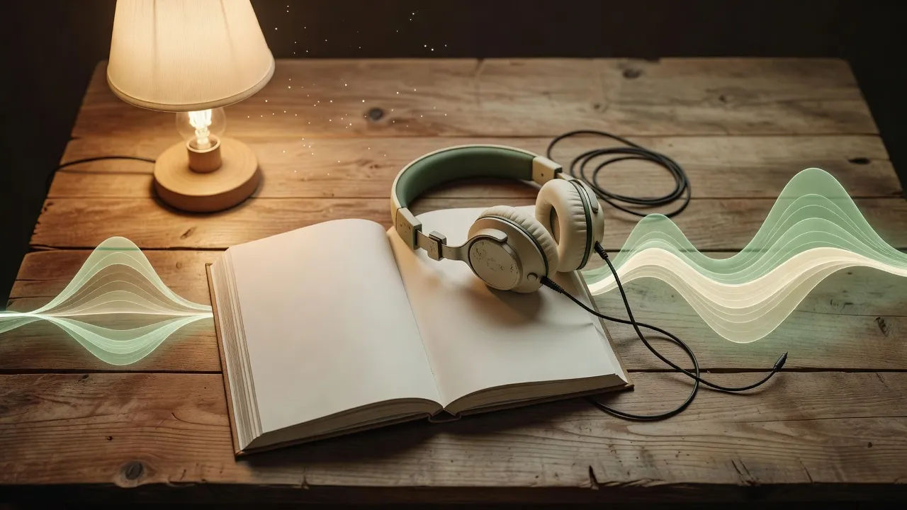 Tabletop beat of an open audiobook and headphones beside a glowing abstract waveform ribbon