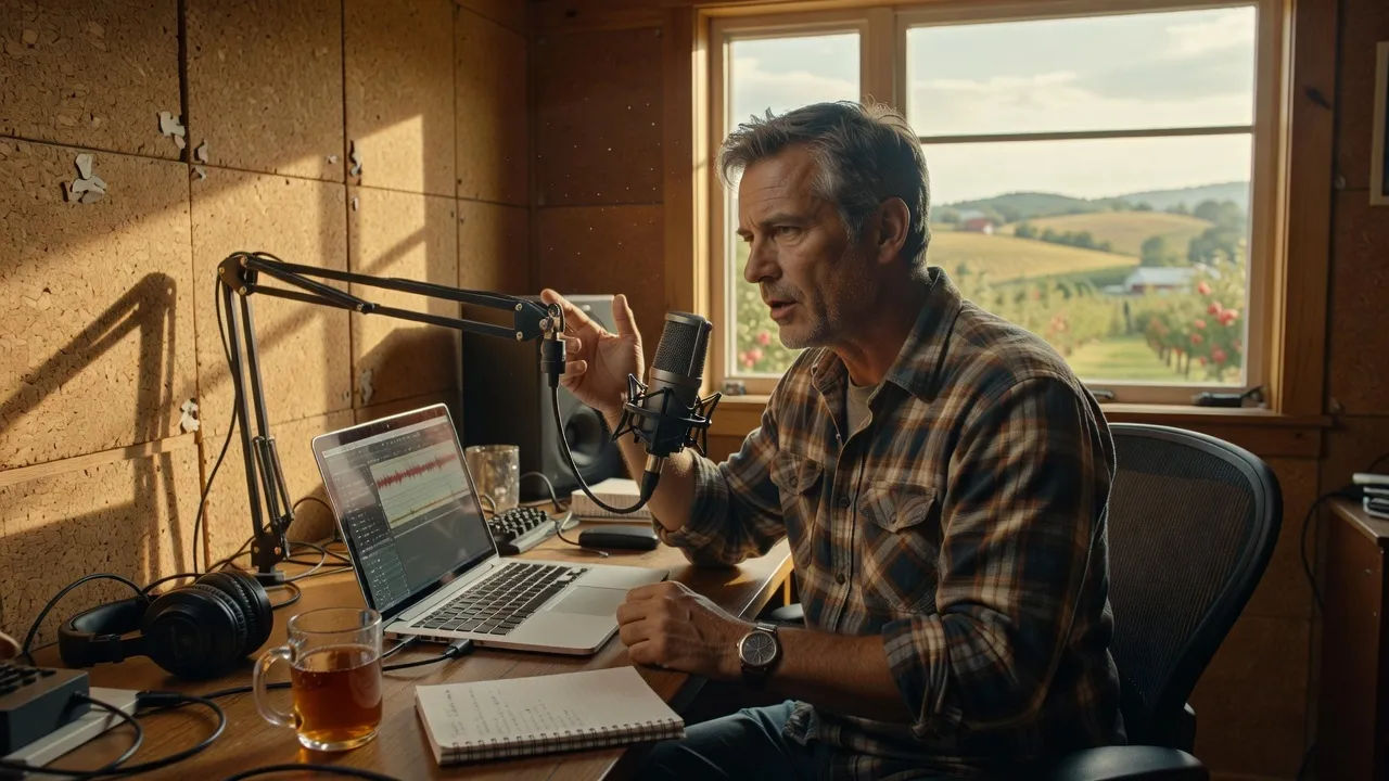 A middle-aged creator in a home booth directing voice takes on a laptop