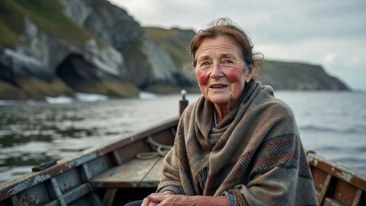Close portrait of an older West Country woman with wind-reddened cheeks and a wool shawl