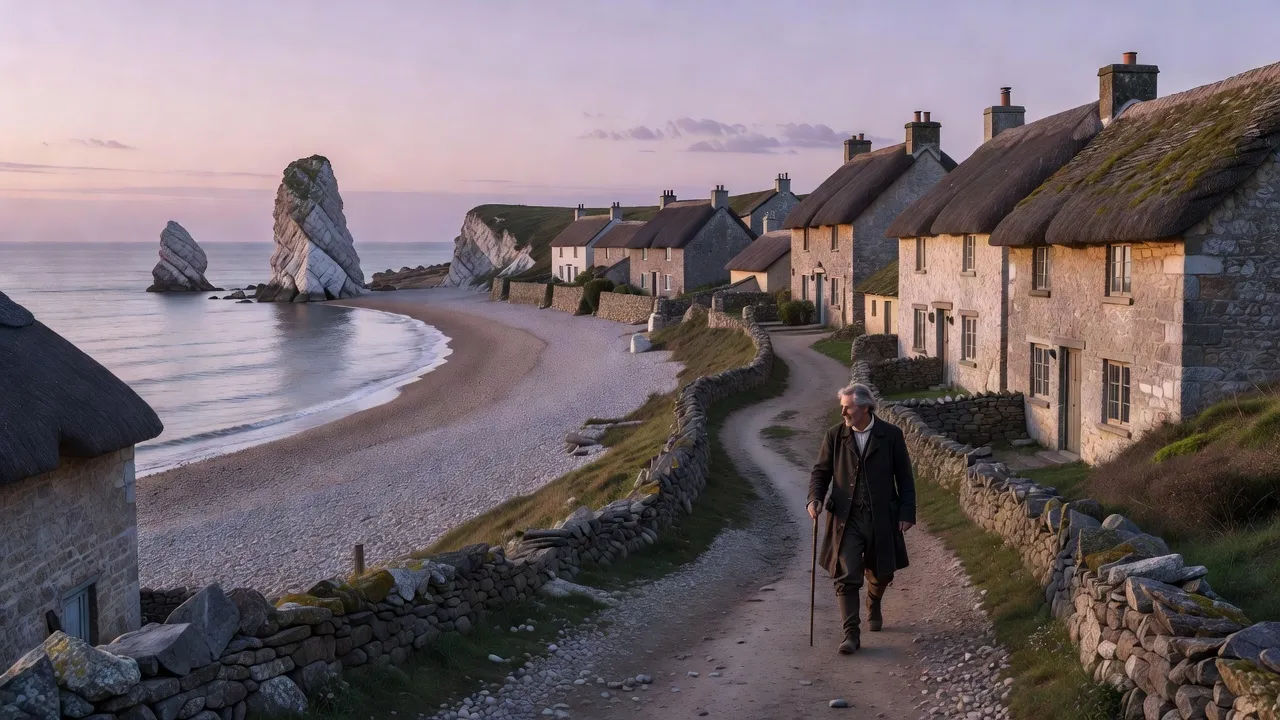 Wide establishing shot of a Dorset coastal village at dusk