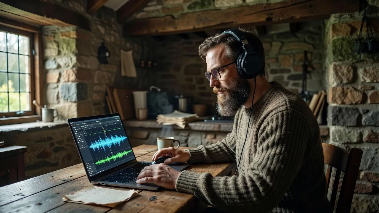 A bearded creator in a knit jumper editing narration on a laptop in a stone cottage kitchen