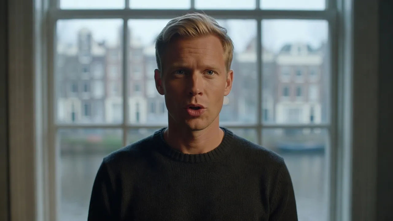 Close portrait of a fair-haired Dutch man in his thirties speaking directly to camera