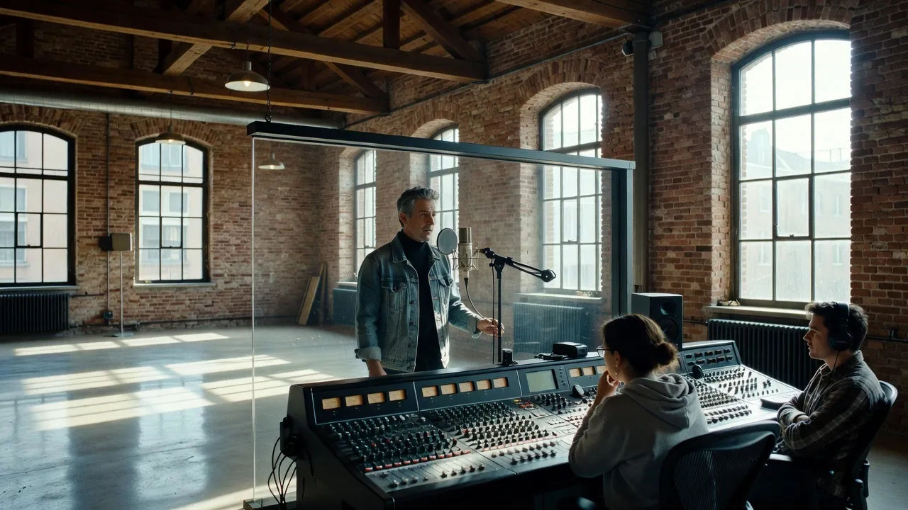 Wide establishing shot of a bright Amsterdam recording studio inside a converted brick warehouse