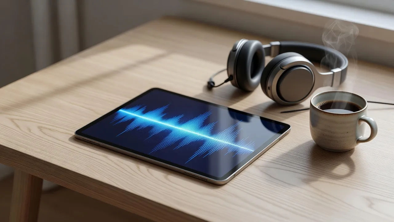 Macro tabletop beat of a sleek tablet on a pale oak desk showing an abstract glowing blue audio waveform with