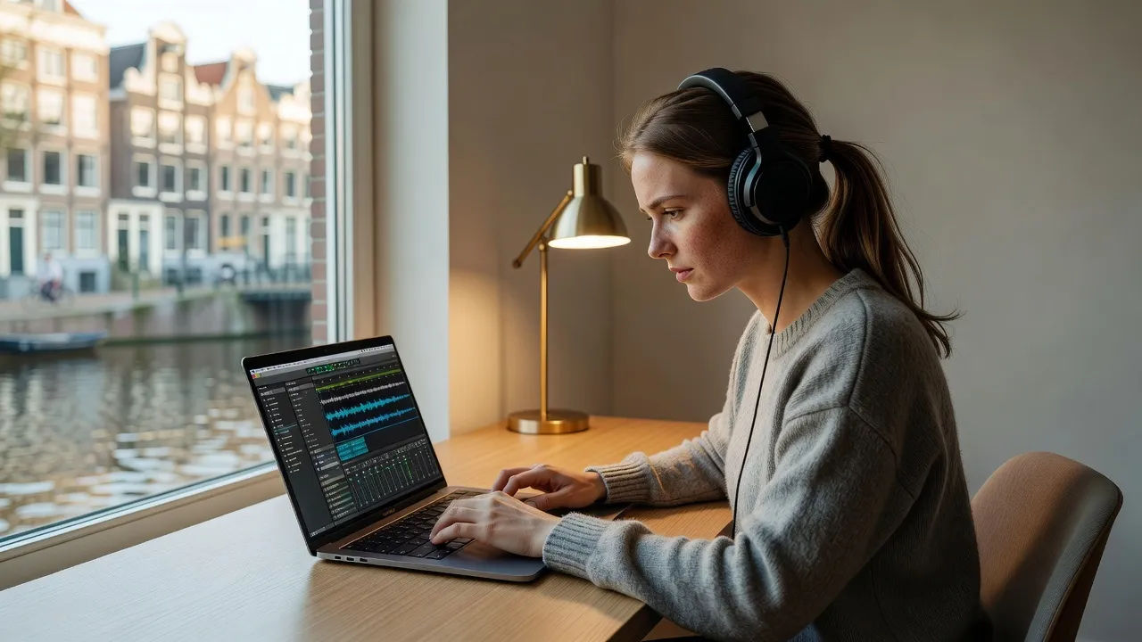 A young Dutch woman editing audio on a laptop in a minimalist canal-side apartment