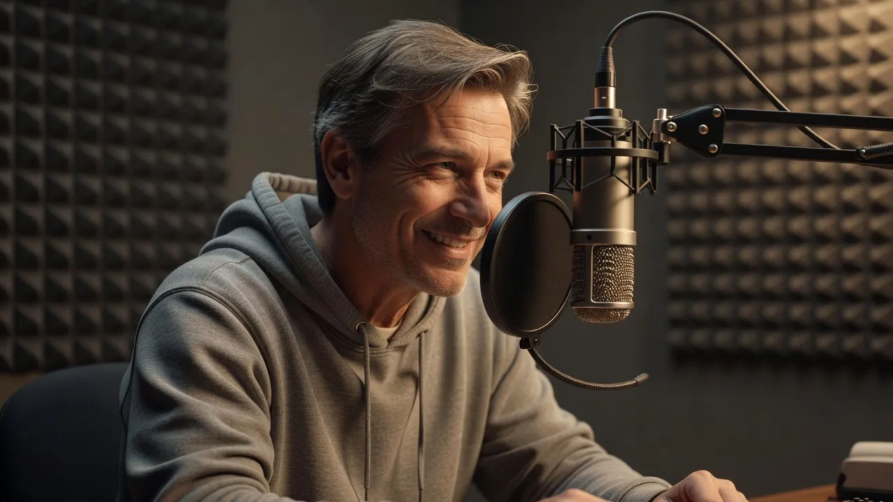 Close portrait of an animated director recording a commentary track