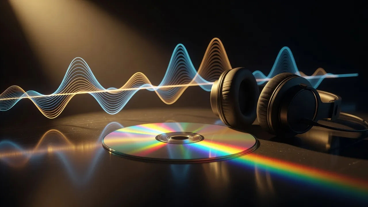 Detail beat of a round unlabeled optical disc catching rainbow light on a dark table beside studio headphones