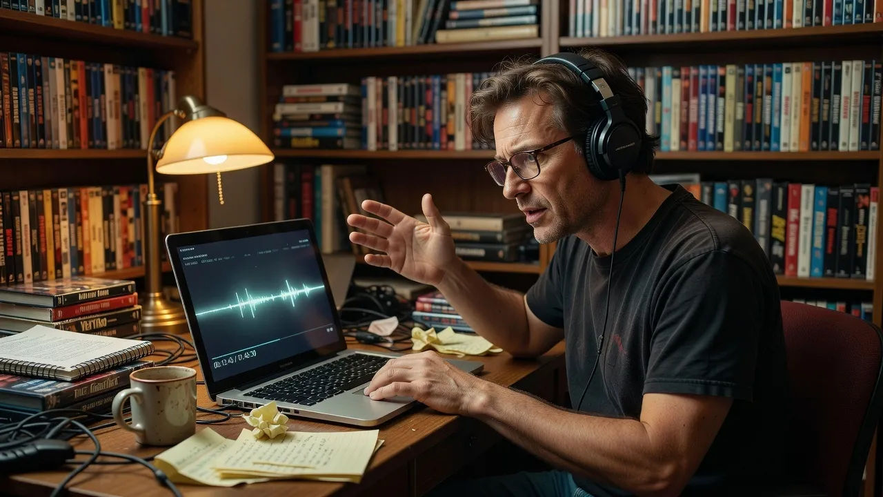 A film buff creator directing a commentary voice at a desk