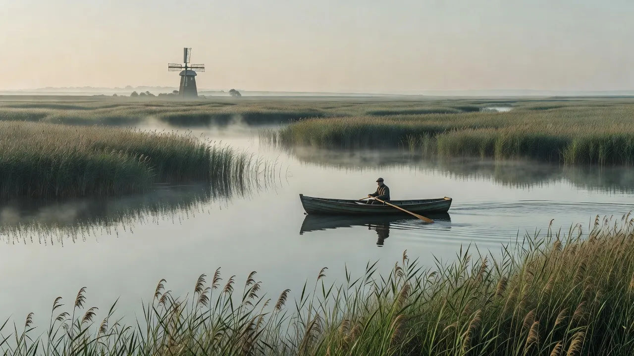 Wide rural-drama scene across the Norfolk Broads at dawn