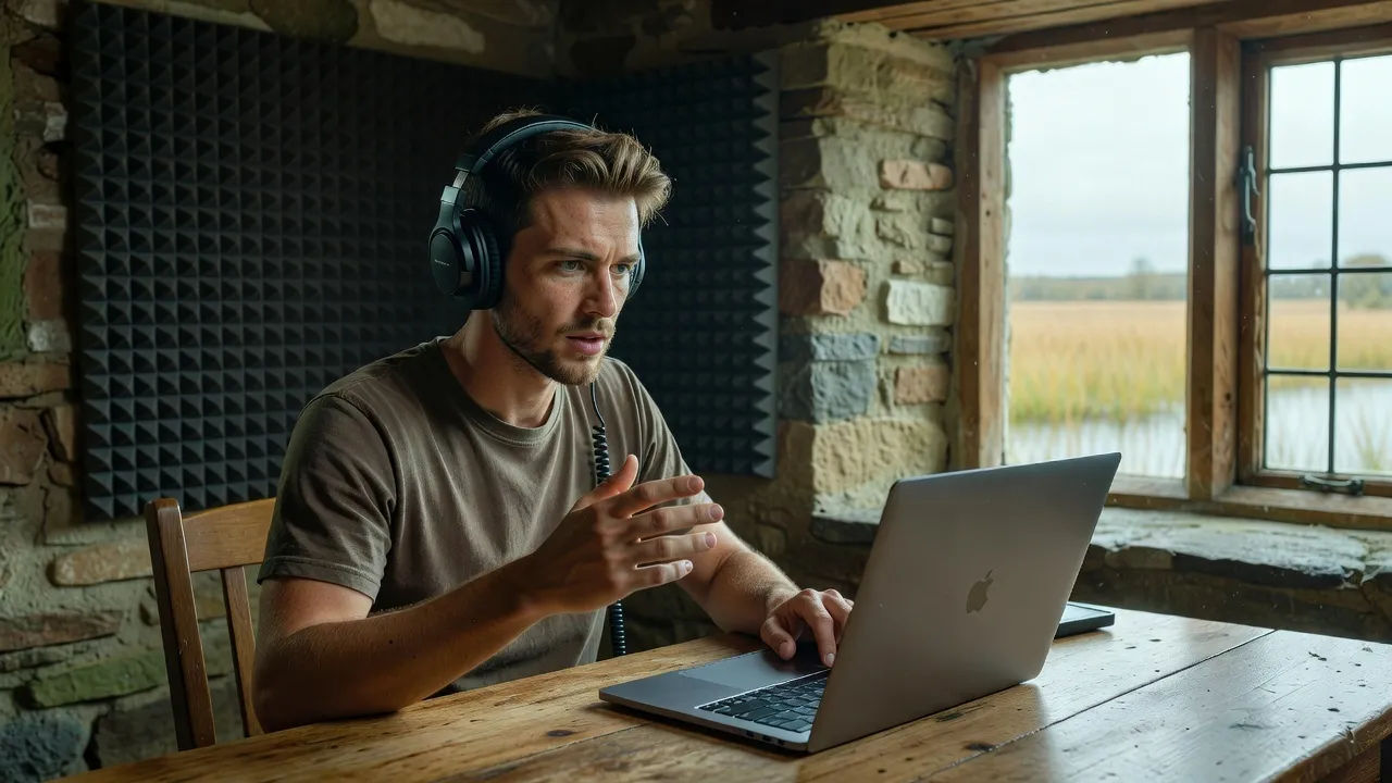 A young creator in a rural cottage studio directing narration on a laptop