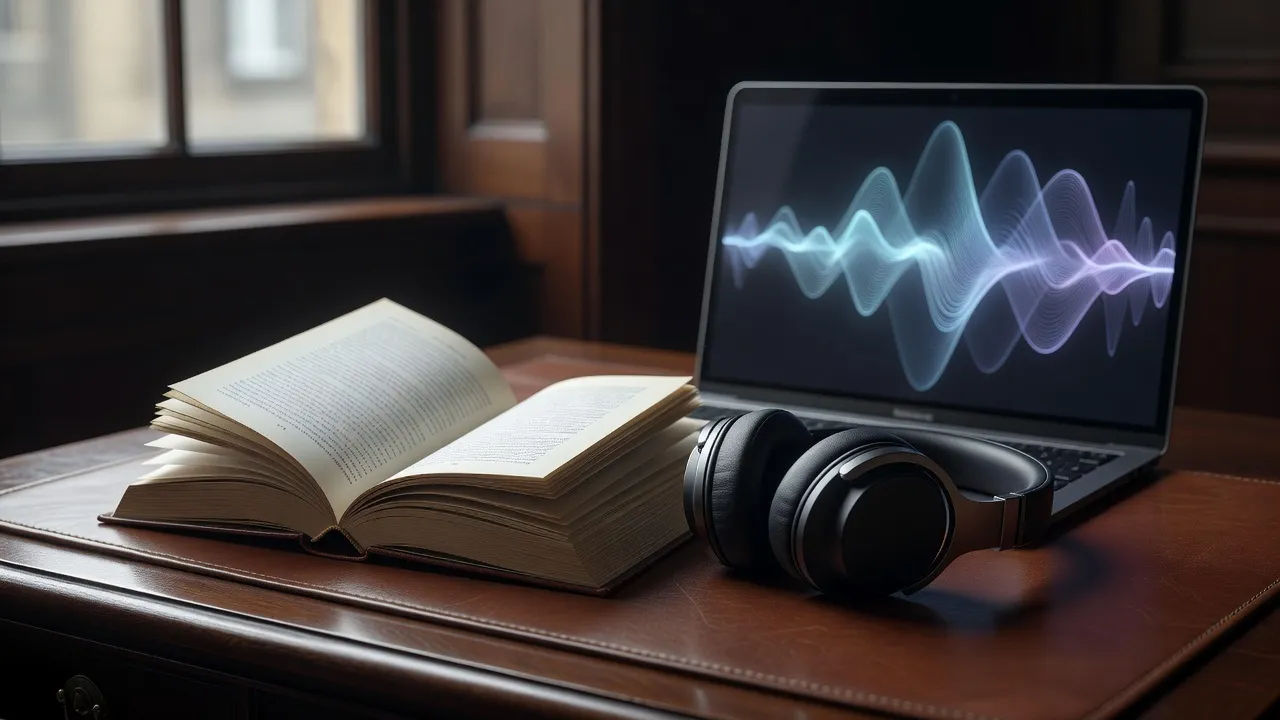Topical beat of an open hardback beside headphones and a glowing abstract waveform on a laptop screen