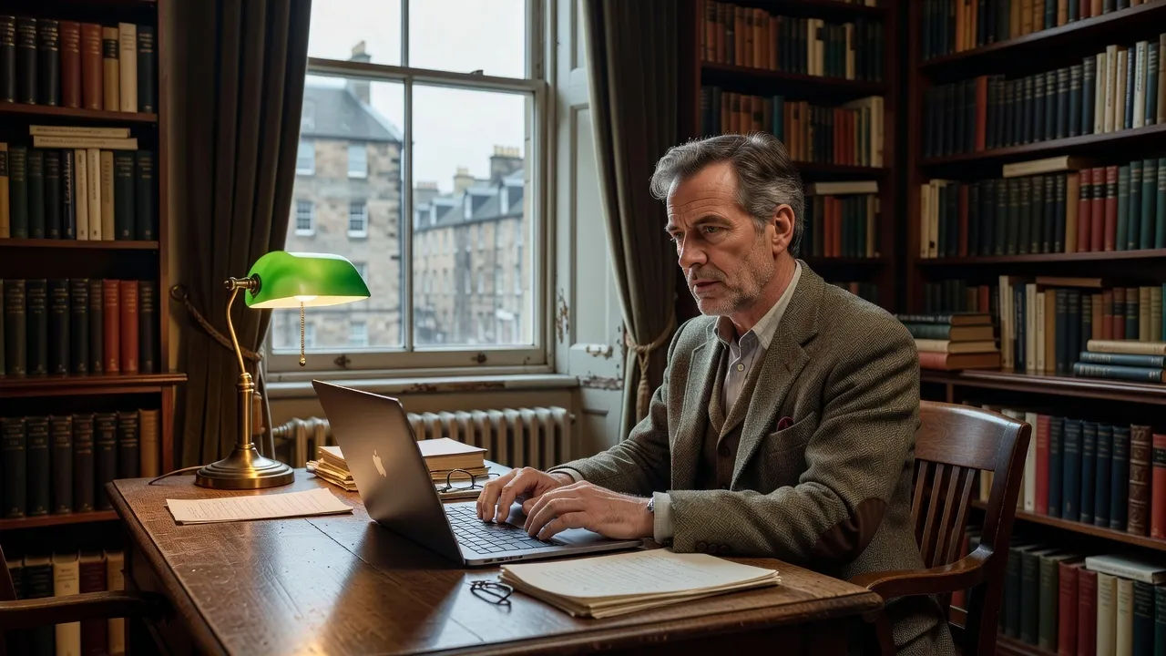 A tweed-clad Edinburgh audiobook producer directing narration on a laptop in a book-lined study