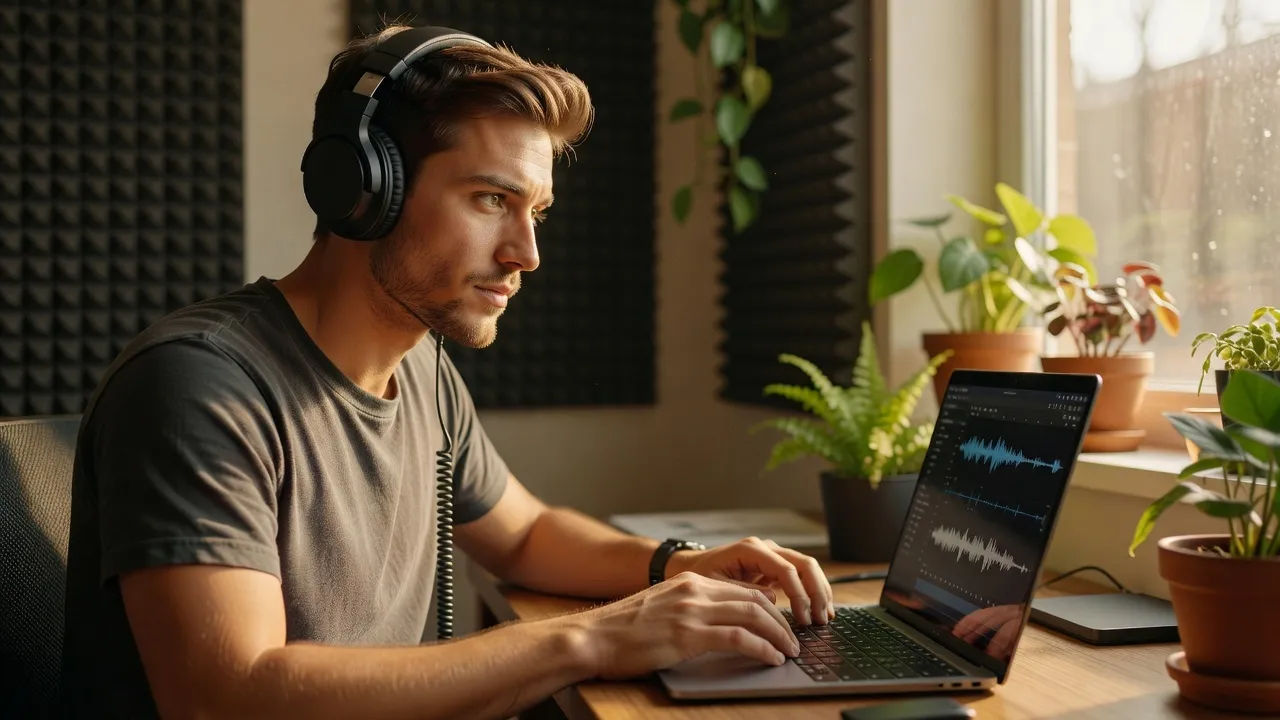 A focused young man in headphones editing at a laptop in a naturally lit home studio