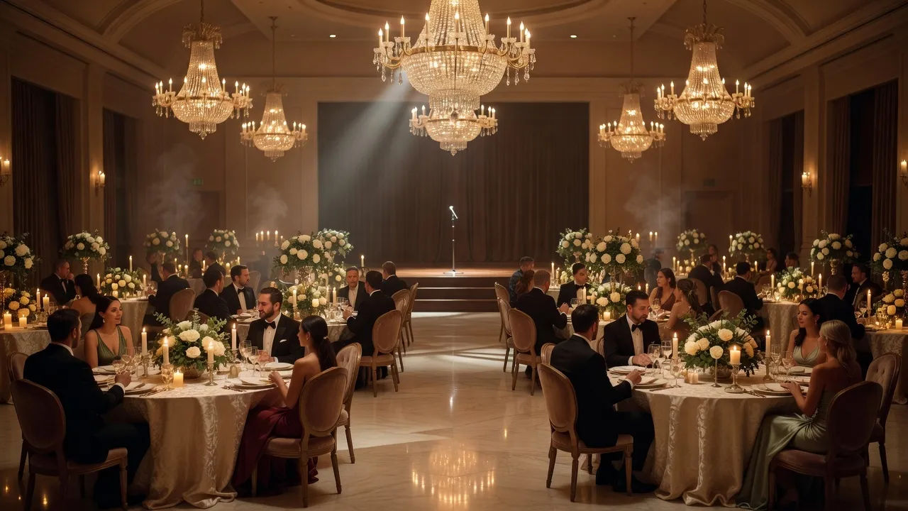 Wide establishing shot of an elegant event ballroom during a wedding reception
