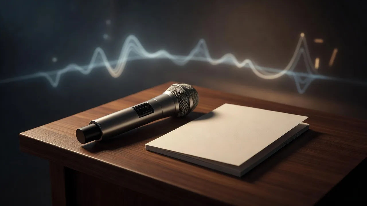 Macro tabletop beat of a sleek handheld microphone resting on a wooden lectern beside a folded event program