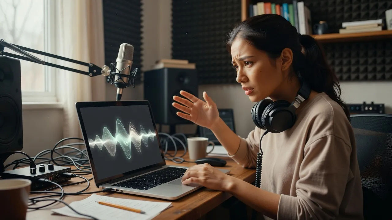 A young creator in a home studio directing an emcee voice on a laptop
