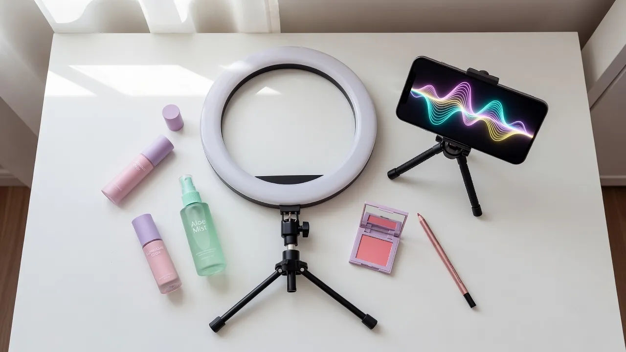 Flat-lay social-content beat of a ring light