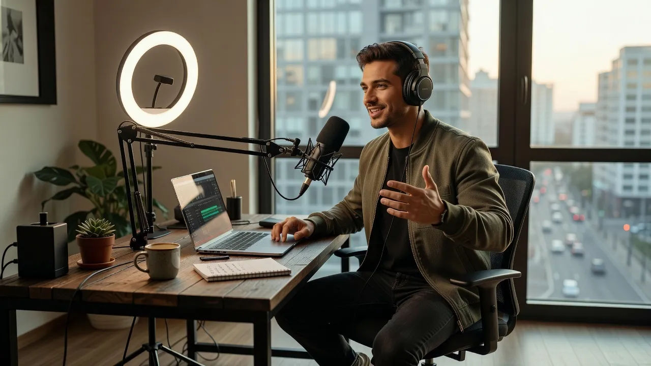A stylish young creator directing voiceover on a laptop at a chic desk