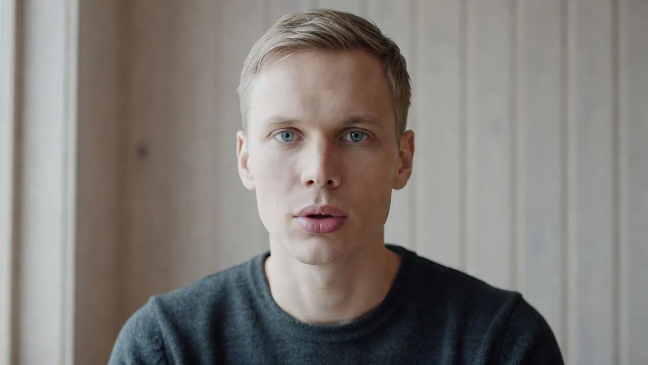 Close portrait of a Finnish man in his late twenties with light hair and pale eyes speaking to camera