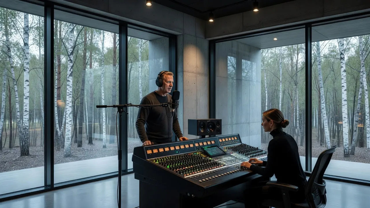 Wide establishing shot of a modern Helsinki sound studio with concrete-and-glass architecture