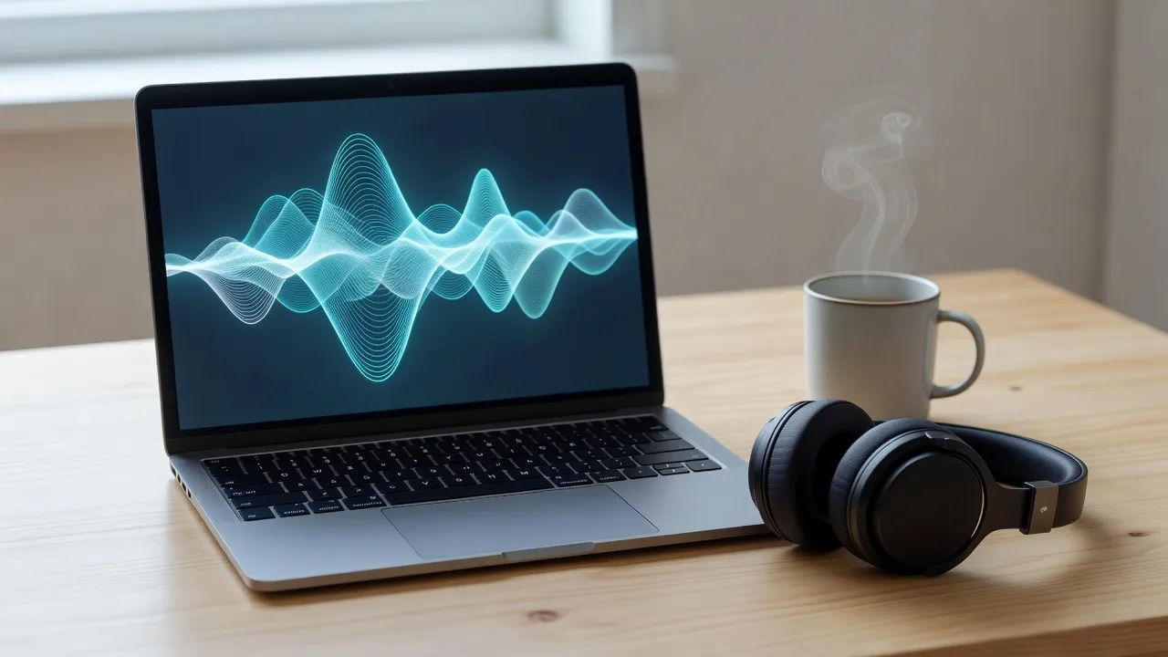 Overhead beat of a laptop on a light plywood desk showing an abstract glowing cyan soundwave with no legible text