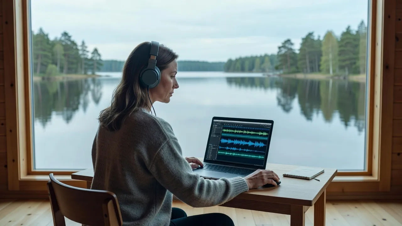 A Finnish woman in a simple grey sweater editing voice audio on a laptop inside a lakeside cabin studio