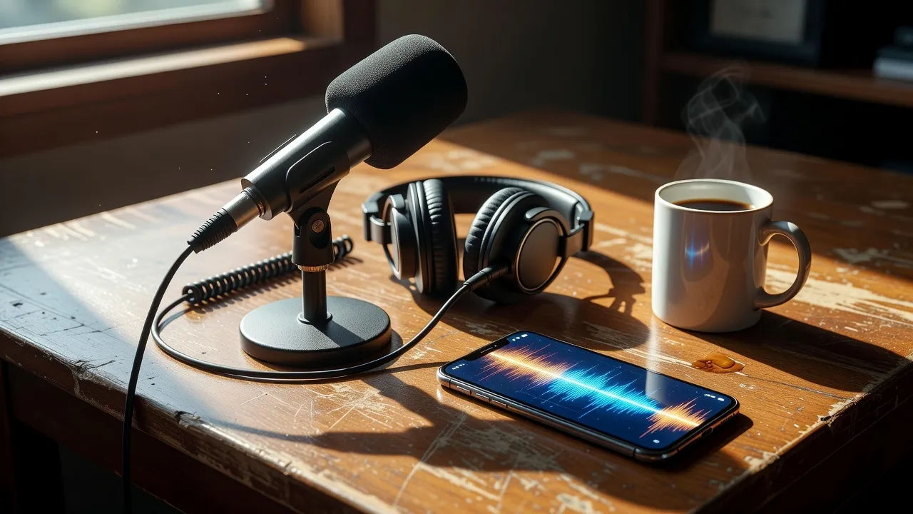 Topical beat of a dynamic broadcast mic and headphones beside a glowing abstract waveform on a phone screen