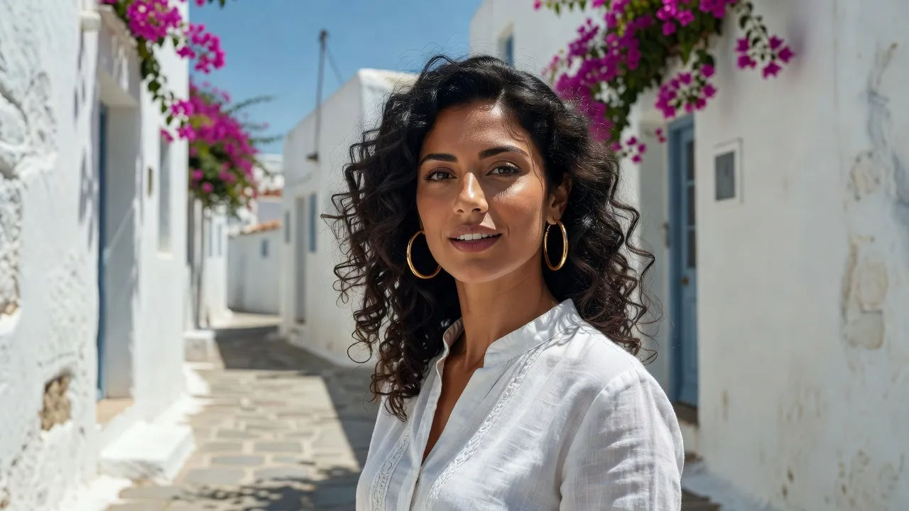 Close portrait of an elegant Athenian woman with dark curls and olive skin speaking to camera