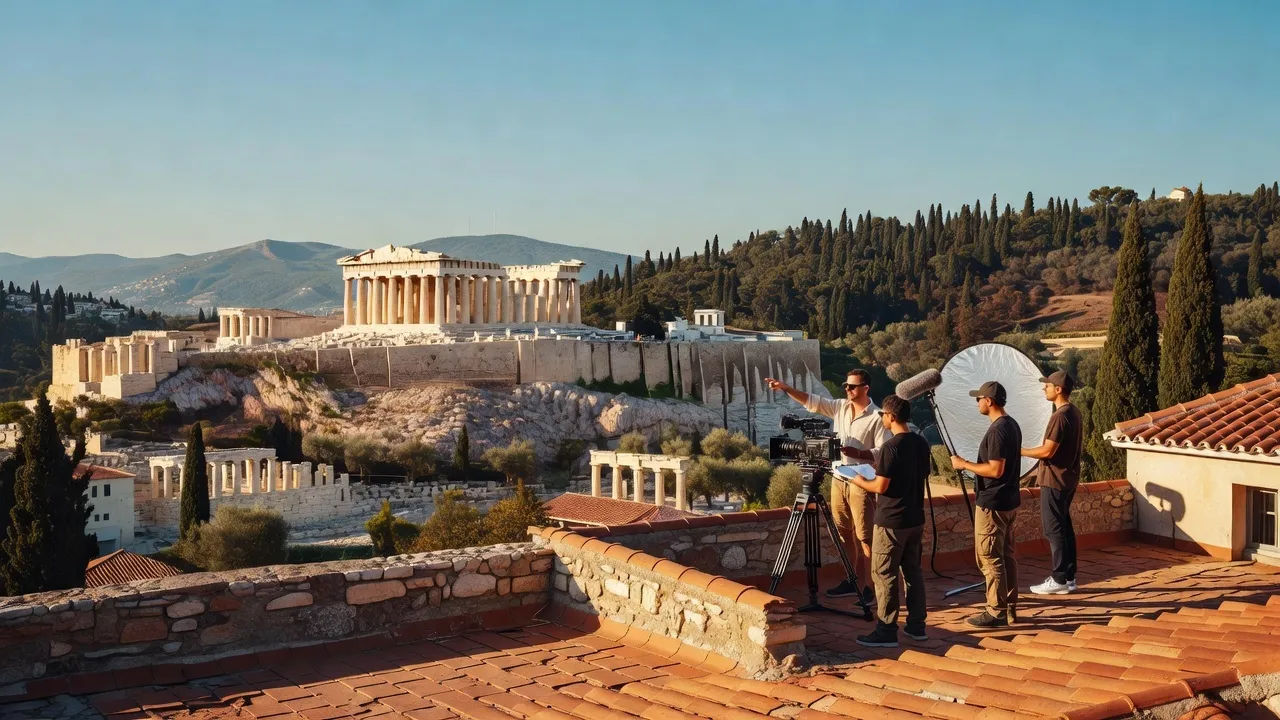 Wide establishing shot of a sunlit Athens rooftop overlooking marble ruins and cypress hills