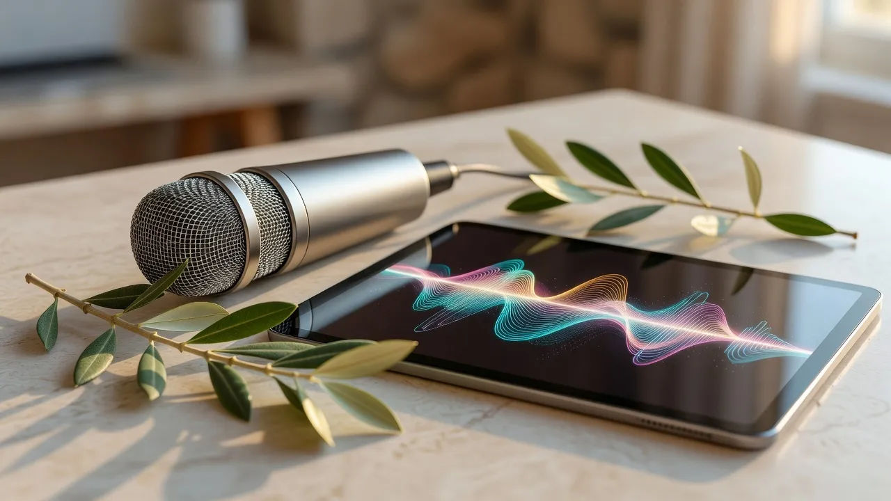 Macro of a modern condenser mic beside a tablet glowing with an abstract waveform