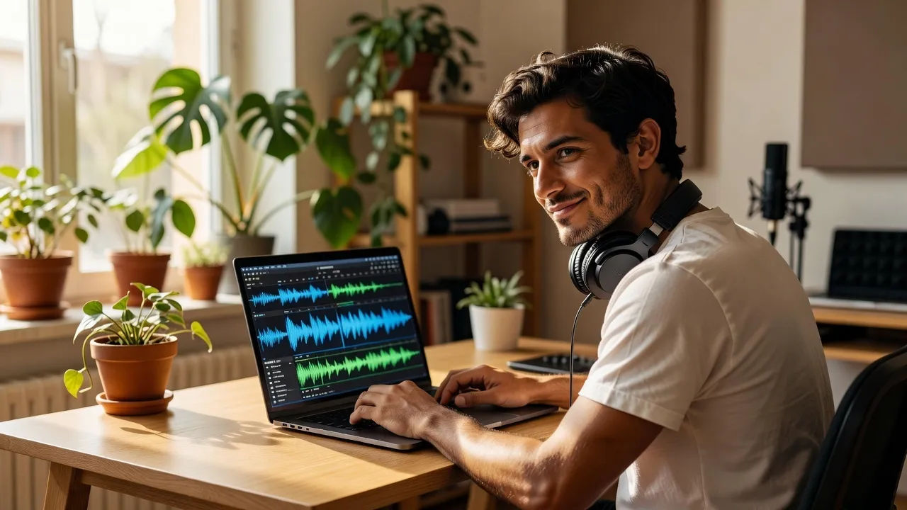 A young Greek creator in a bright studio directing dubbing on a laptop