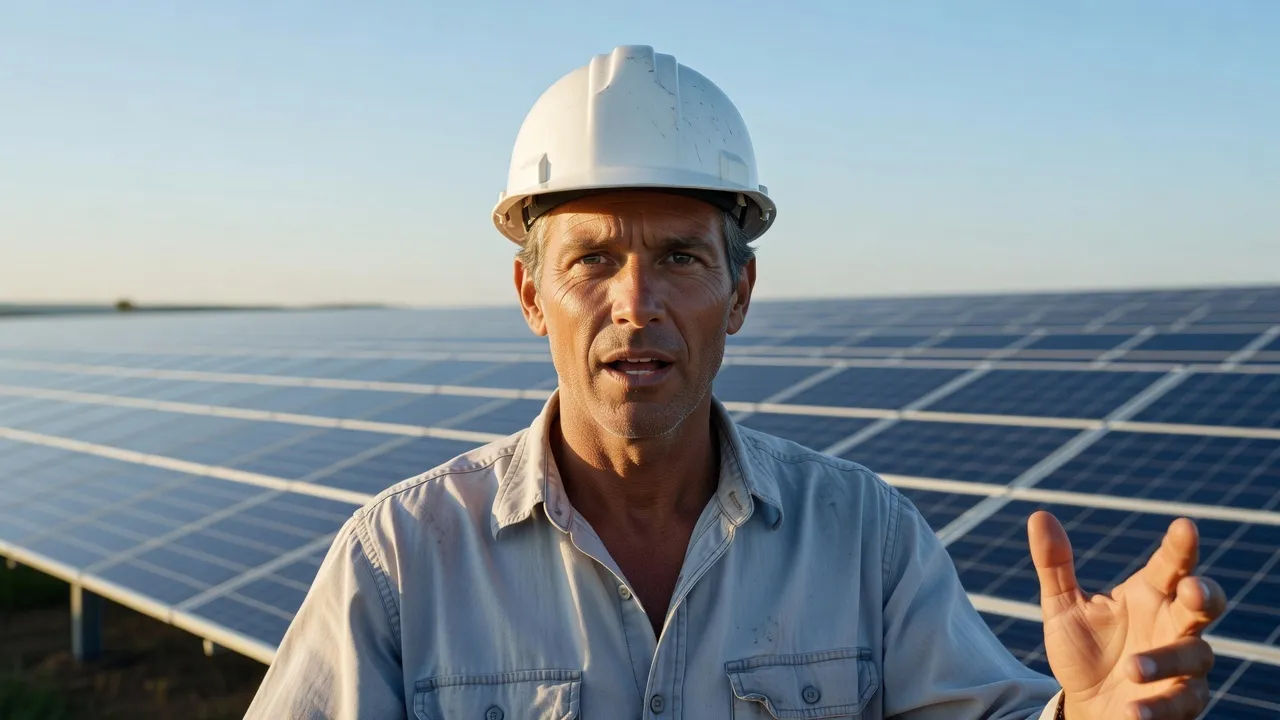 Close portrait of an energetic man in a light-blue field shirt and hard hat presenting to camera