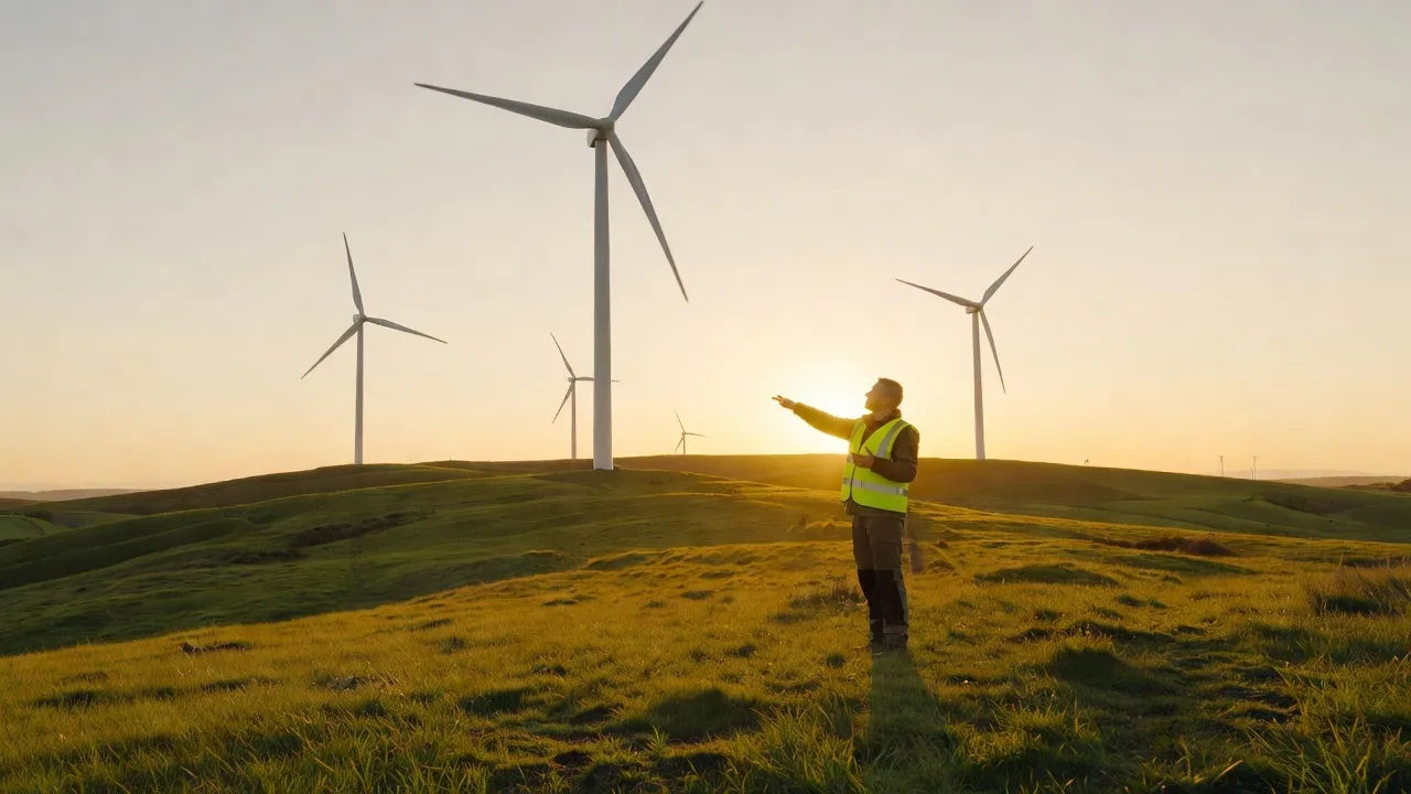 Wide explainer scene on a hillside wind farm at golden hour