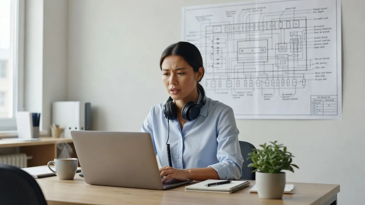 A focused engineer in a bright office directing a voiceover on a laptop