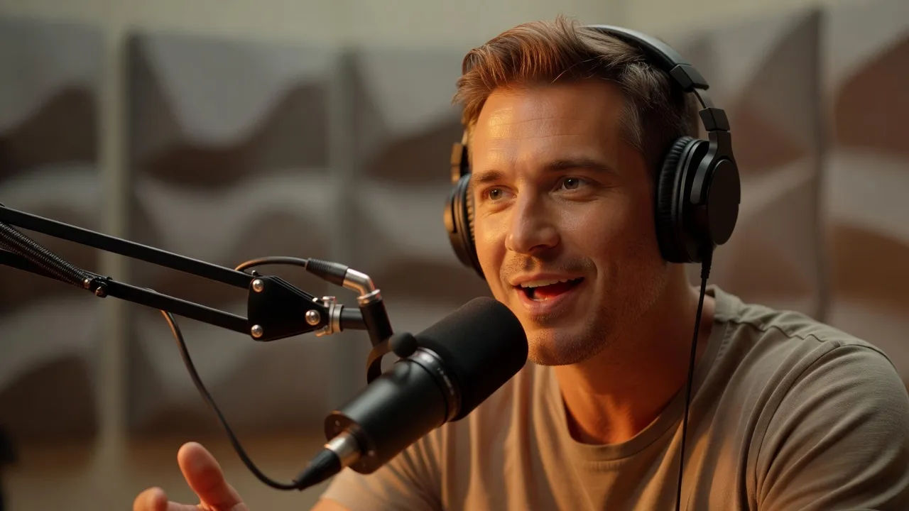 Close portrait of a relaxed guest in headphones leaning toward a podcast mic