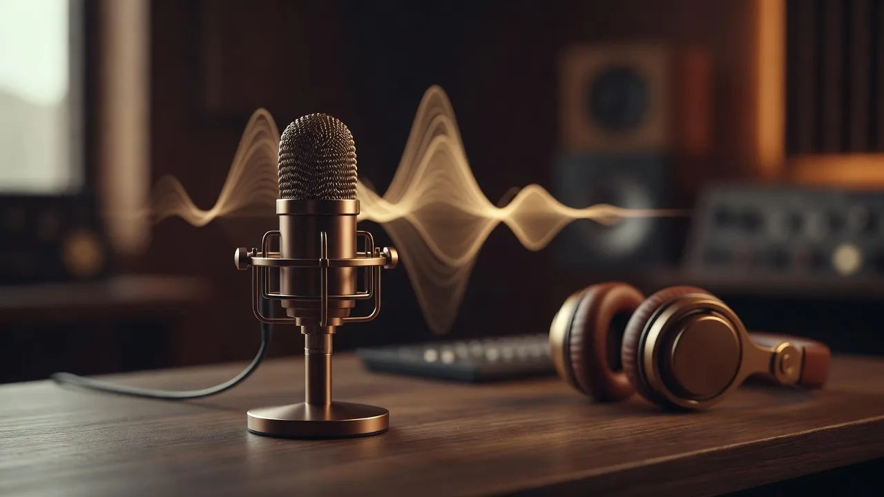 Desk beat: a podcast mic in sharp foreground with an abstract glowing waveform hovering behind it