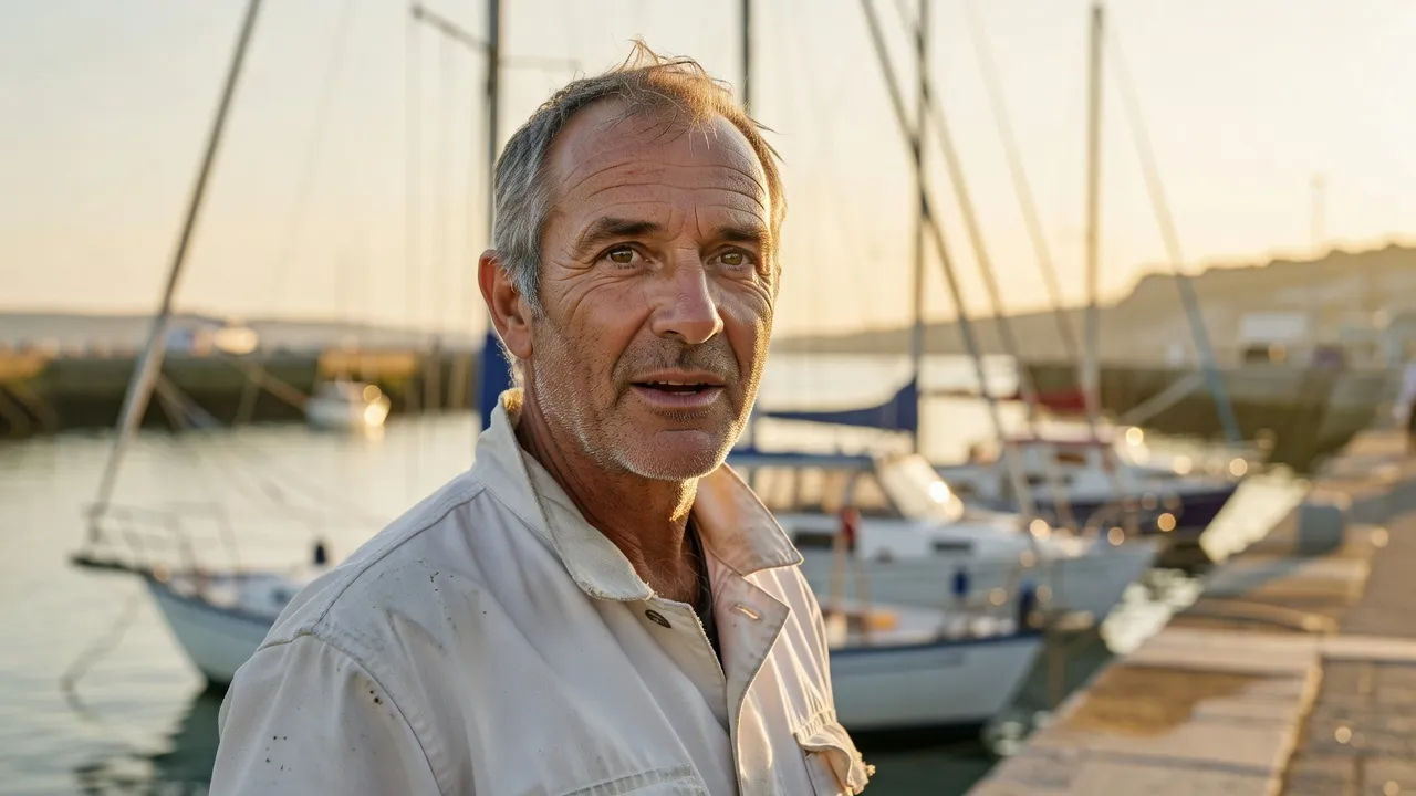 Tight portrait of a weathered middle-aged English man in a canvas jacket