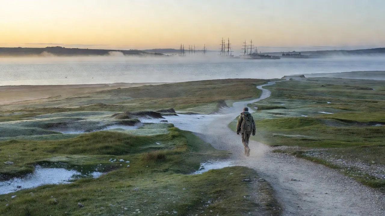Wide cinematic scene of a chalk-down heath and distant naval dockyard at dawn