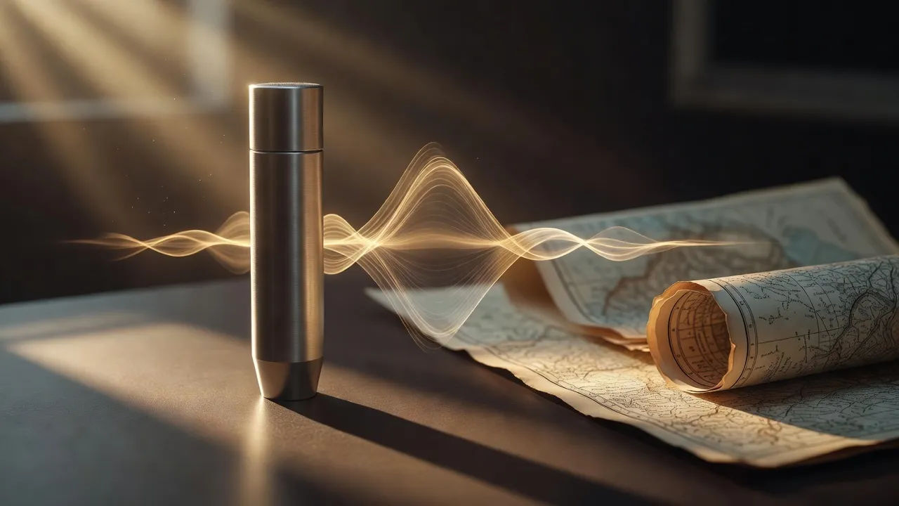Macro of a slim studio microphone beside a glowing abstract audio waveform floating over a dark desk
